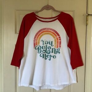 Rachel Hollis Ltd. Pima Cotton Raglan Sleeve T-Shirt-White/Red Rainbow SZ XL